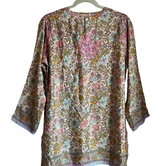 Dolma Medium Floral Pink Hand-Embroidered Tunic Top Lightweight Silk Bl Boho - Picture 2 of 14